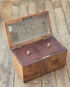 Victorian Wooden Tea Caddy with Shield Inlay on Lid & Diamond Inlay Key Escutcheon, c1810-1850