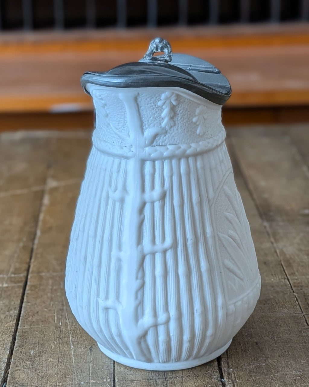 Victorian Parian Ware Syrup Jug with Hinged Pewter Lid
