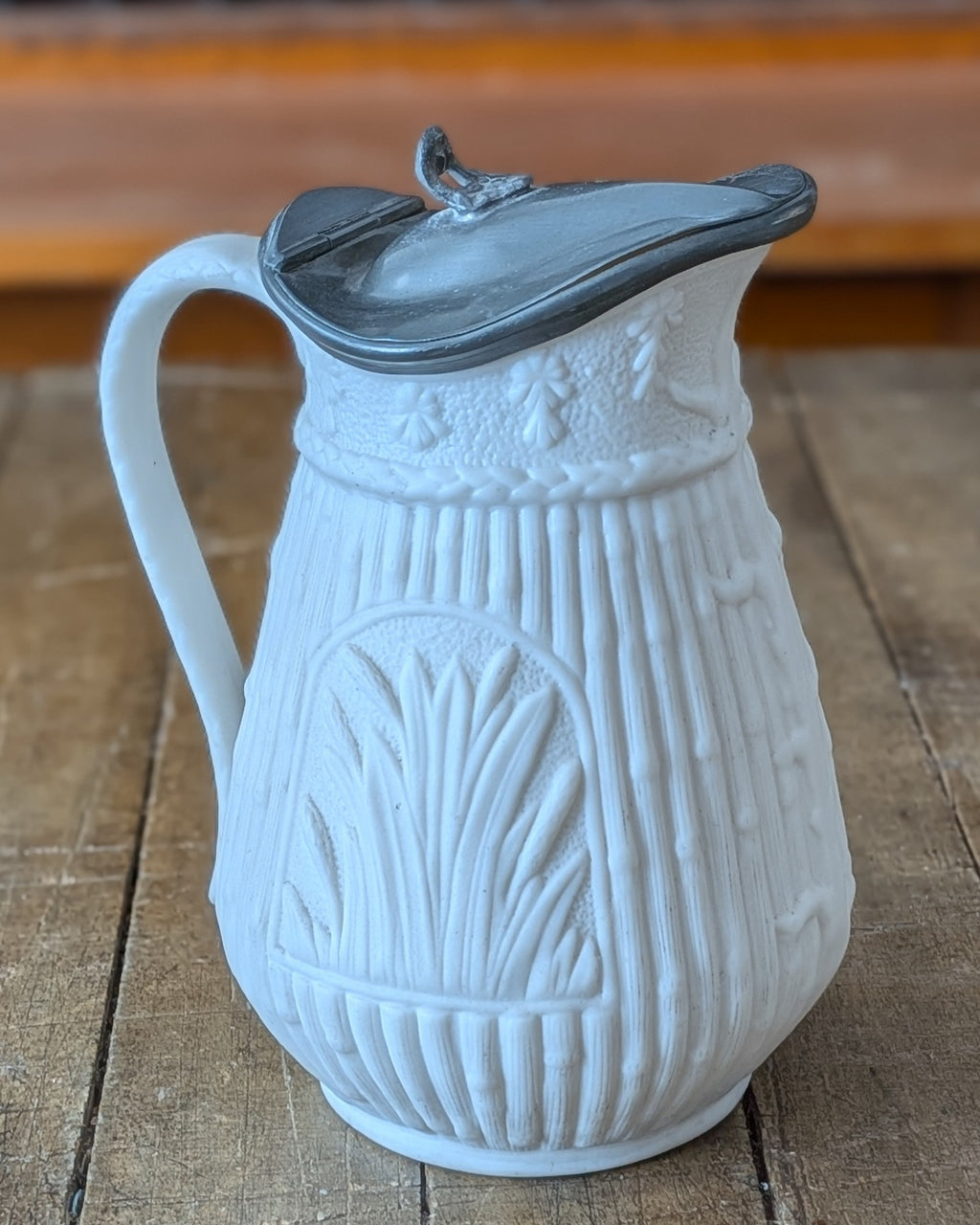 Victorian Parian Ware Syrup Jug with Hinged Pewter Lid
