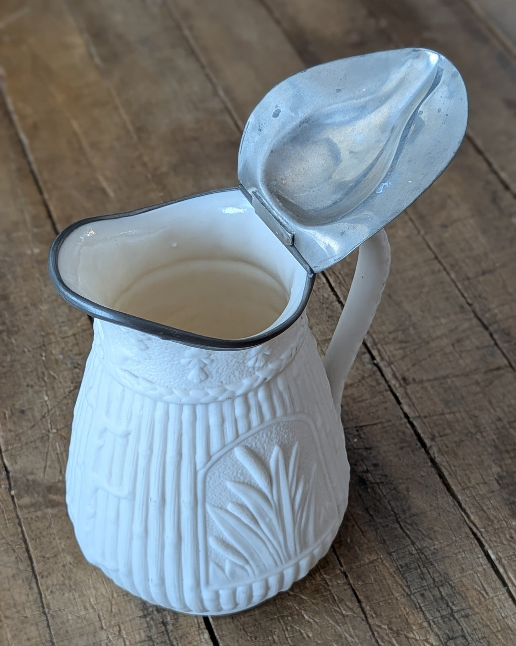 Victorian Parian Ware Syrup Jug with Hinged Pewter Lid