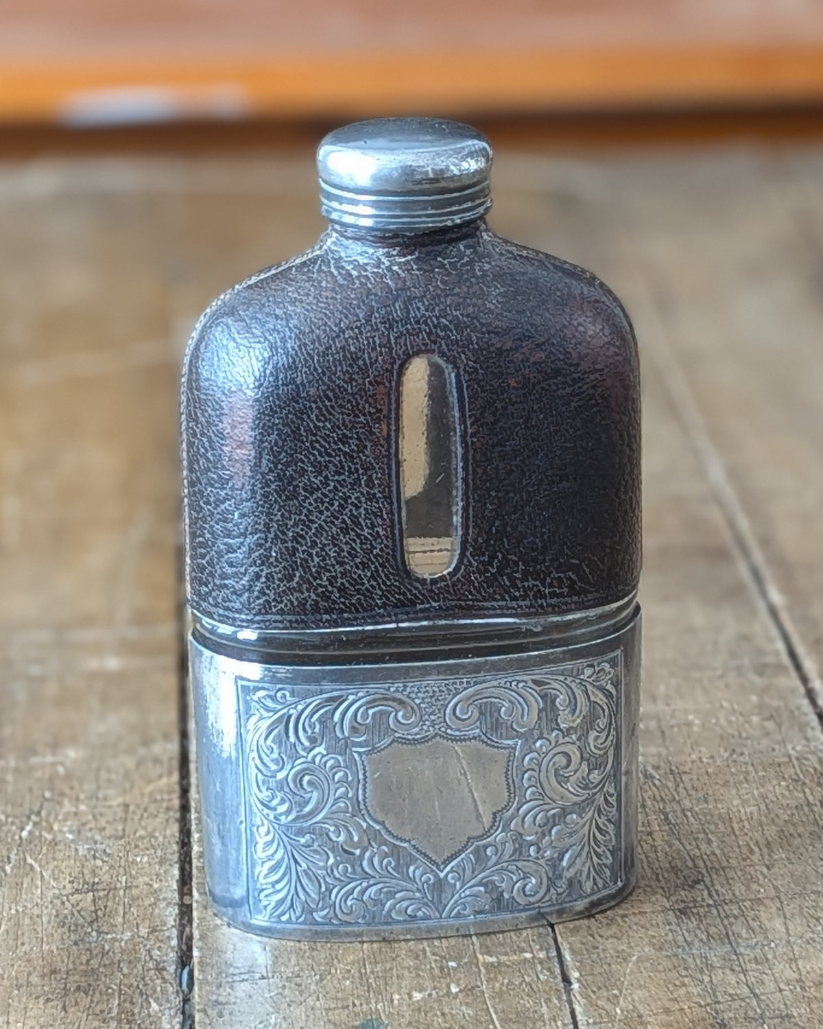 Antique Glass Hip Flask with Leather Wrap, c1890-1910