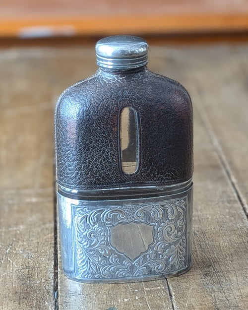 Antique Glass Hip Flask with Leather Wrap, c1890-1910