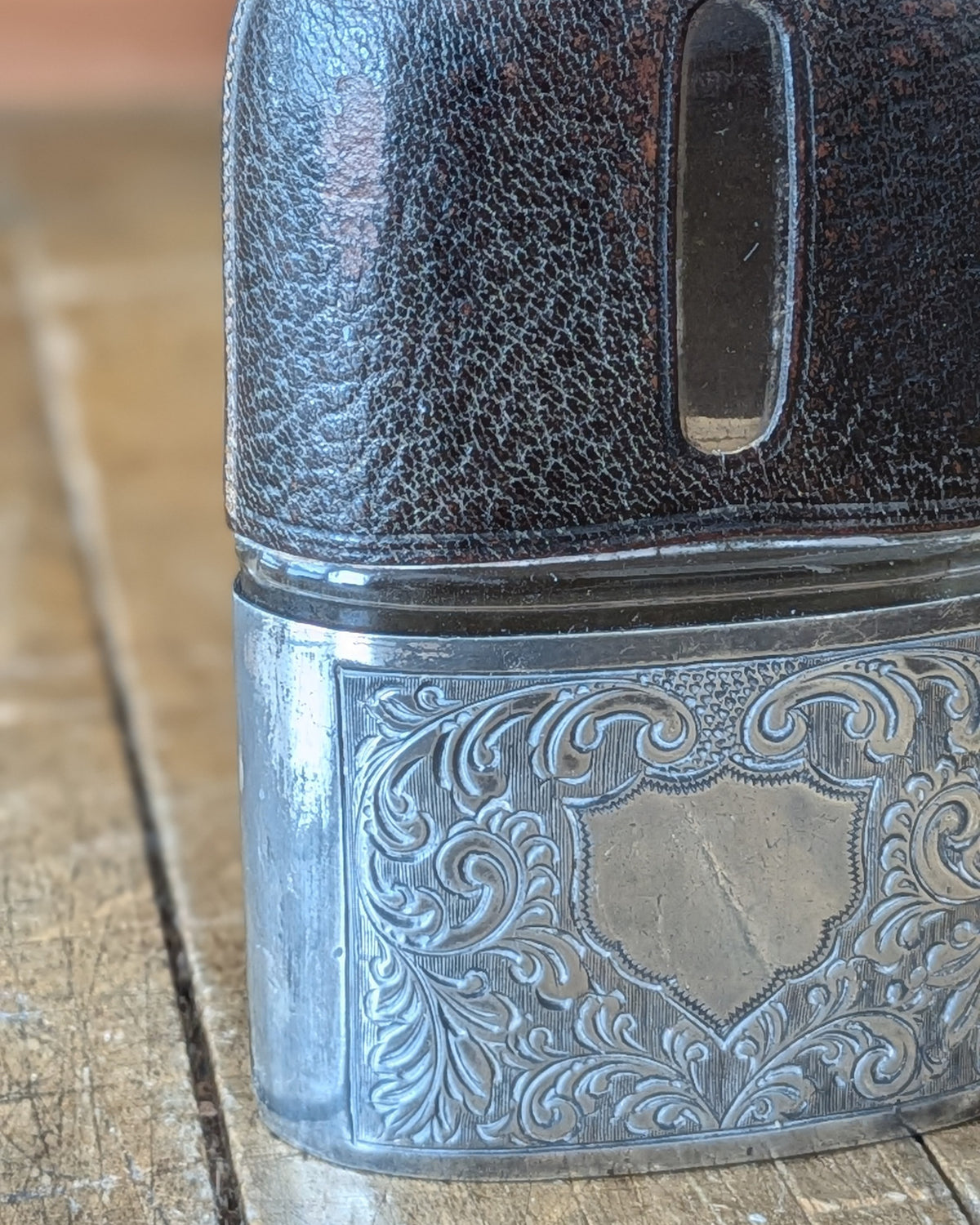 Antique Glass Hip Flask with Leather Wrap, c1890-1910