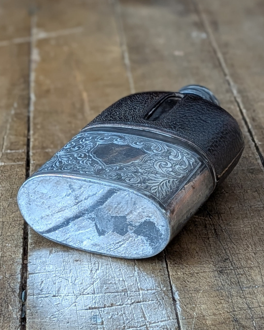 Antique Glass Hip Flask with Leather Wrap, c1890-1910