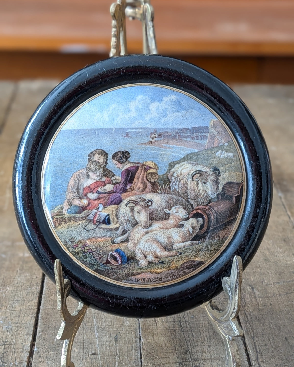 Framed Pratt Ware Pot Lid "Peace", c1890