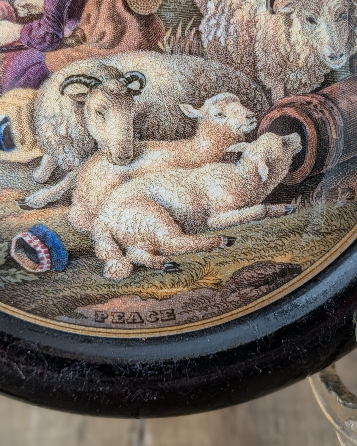 Framed Pratt Ware Pot Lid "Peace", c1890