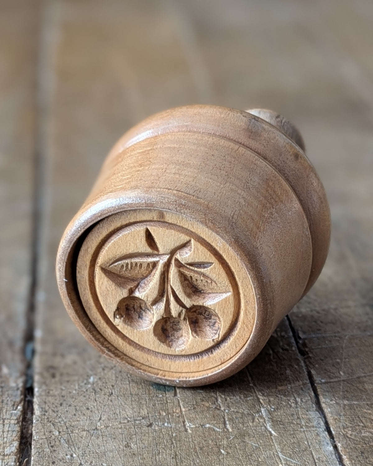 Antique Barrel-Style Plunger Butter Mold with Cherries Motif
