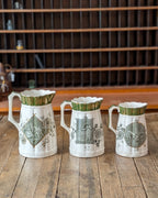 Rare Set of 3 Green Transferware with Gilding Pitchers