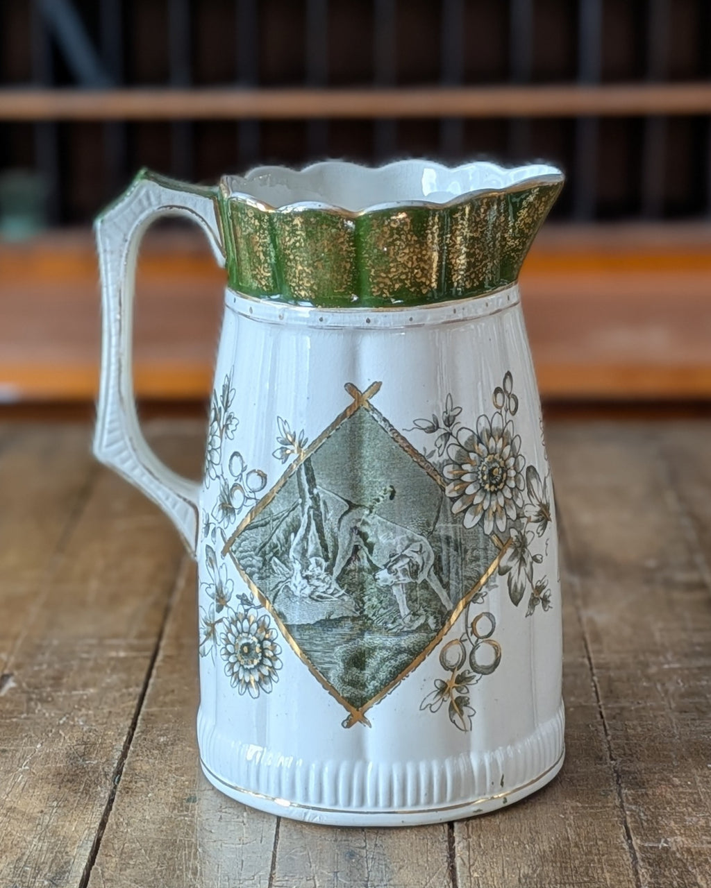 Rare Set of 3 Green Transferware with Gilding Pitchers