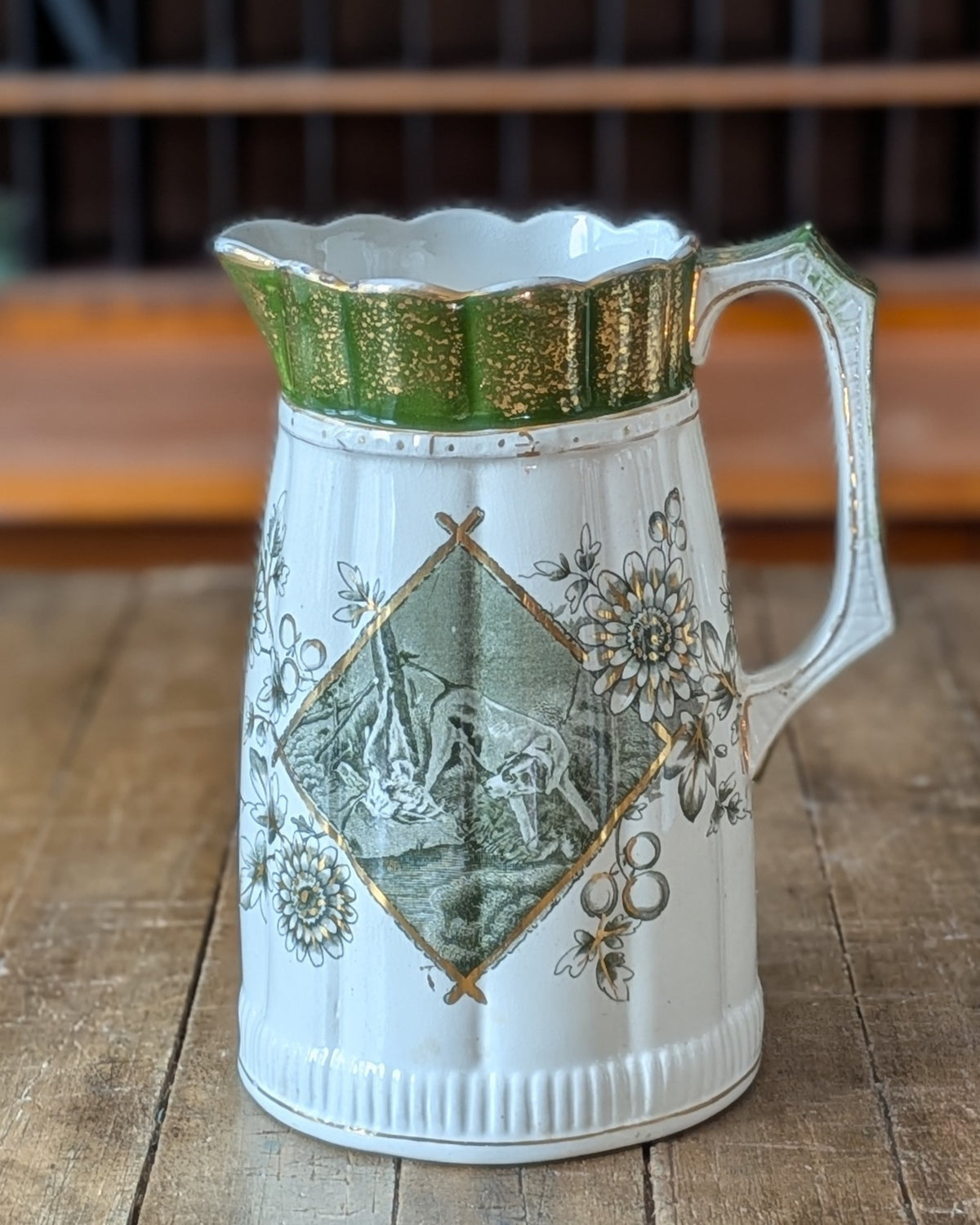 Rare Set of 3 Green Transferware with Gilding Pitchers