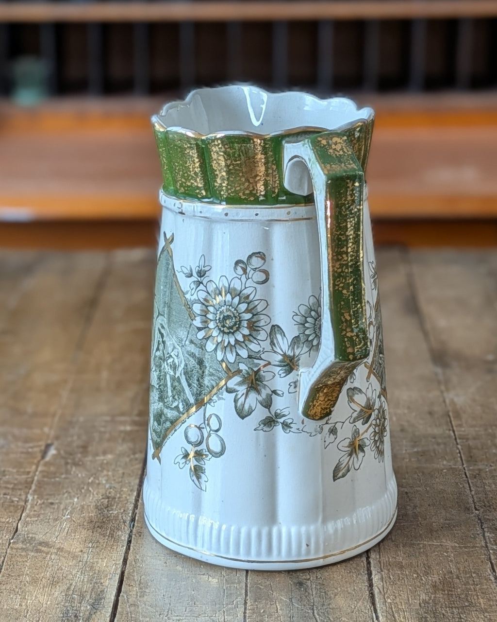 Rare Set of 3 Green Transferware with Gilding Pitchers