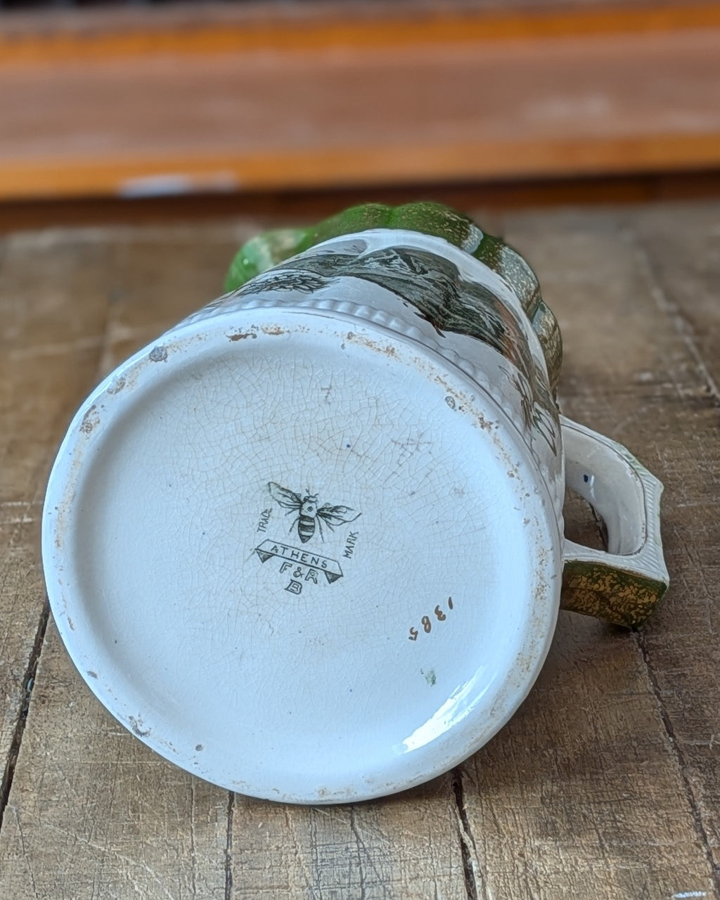 Rare Set of 3 Green Transferware with Gilding Pitchers