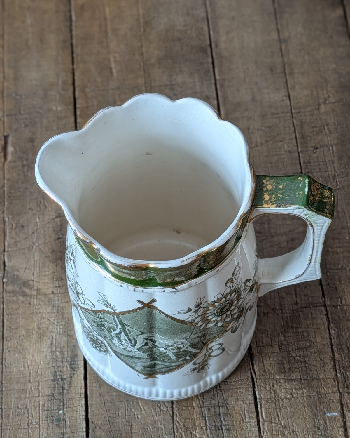 Rare Set of 3 Green Transferware with Gilding Pitchers