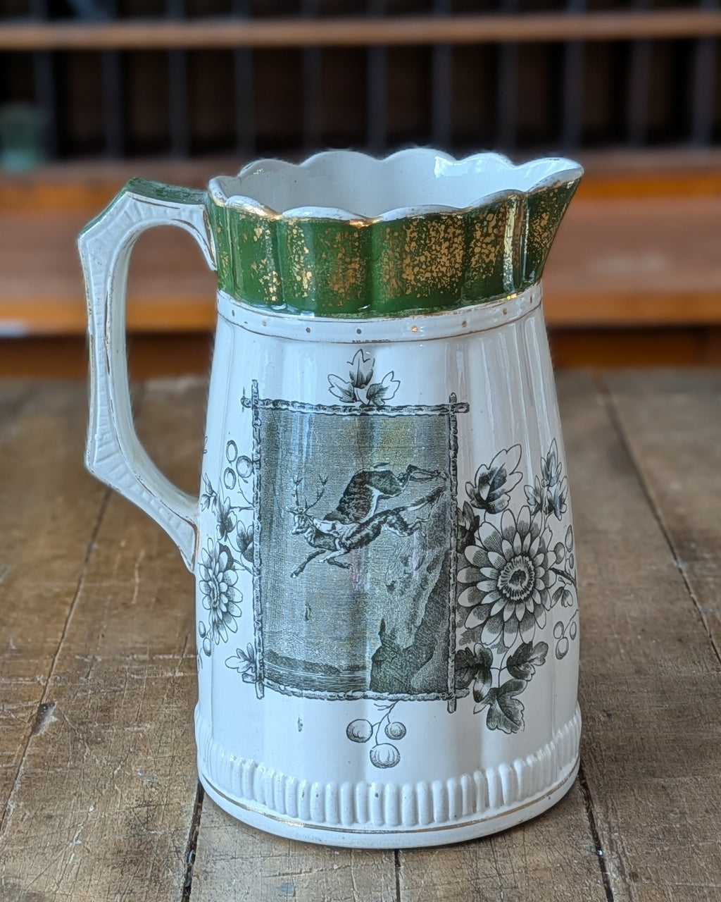 Rare Set of 3 Green Transferware with Gilding Pitchers