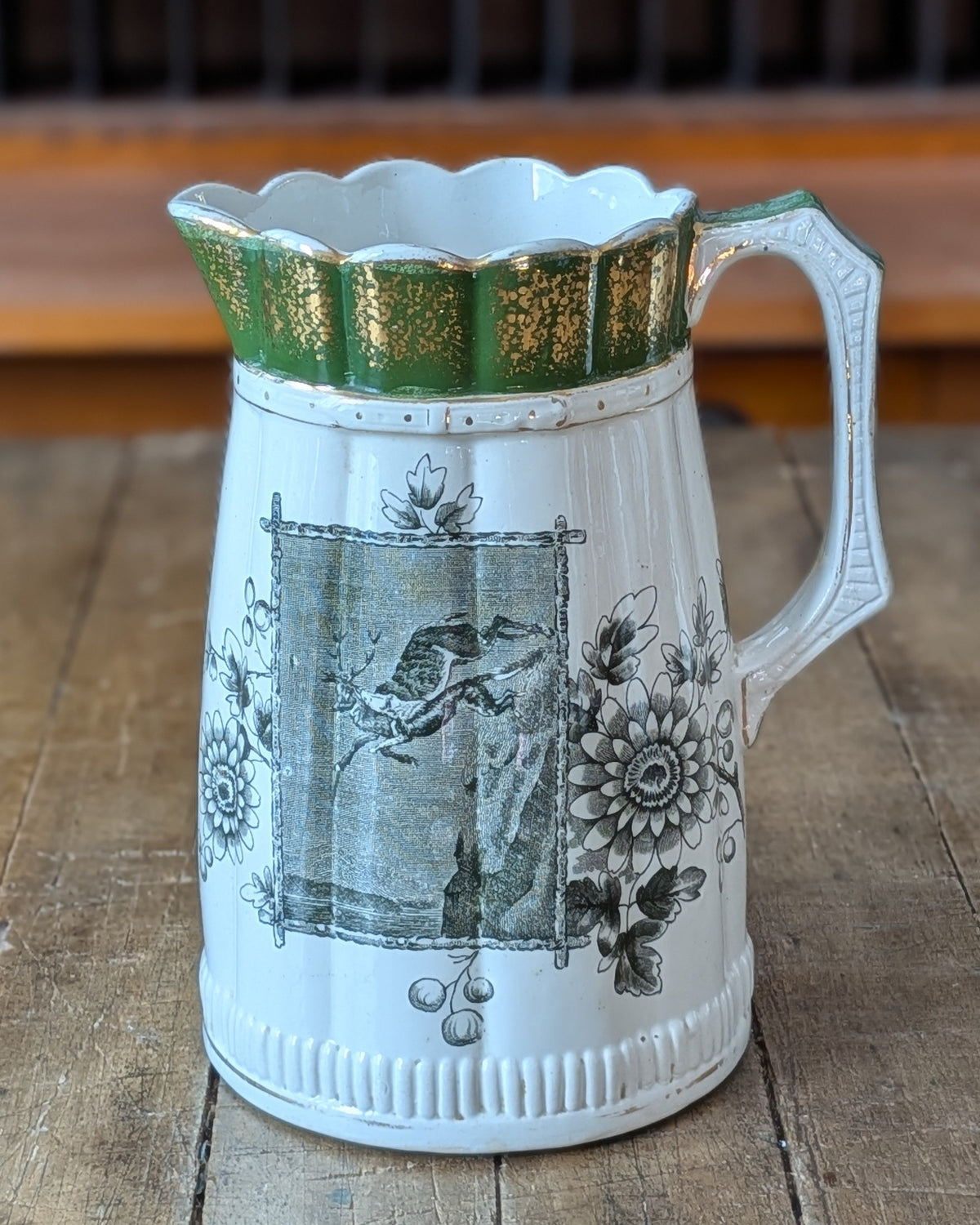 Rare Set of 3 Green Transferware with Gilding Pitchers