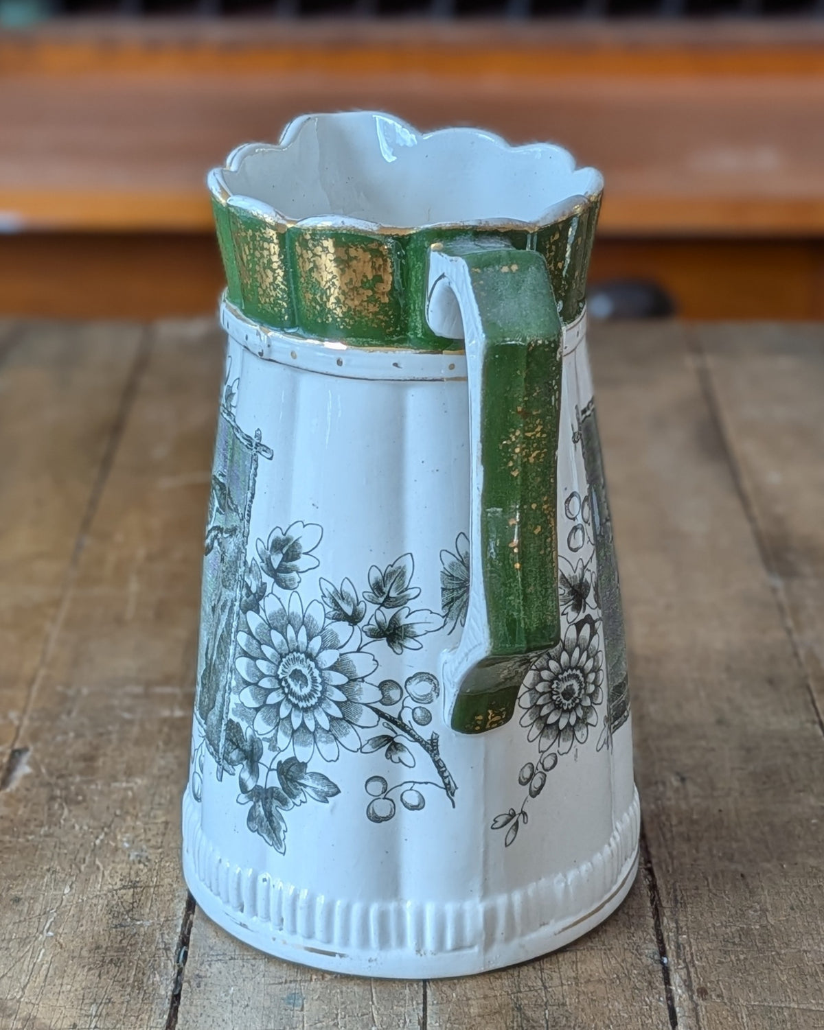 Rare Set of 3 Green Transferware with Gilding Pitchers