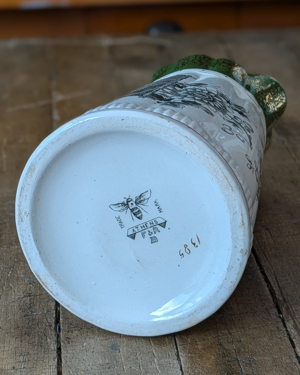 Rare Set of 3 Green Transferware with Gilding Pitchers
