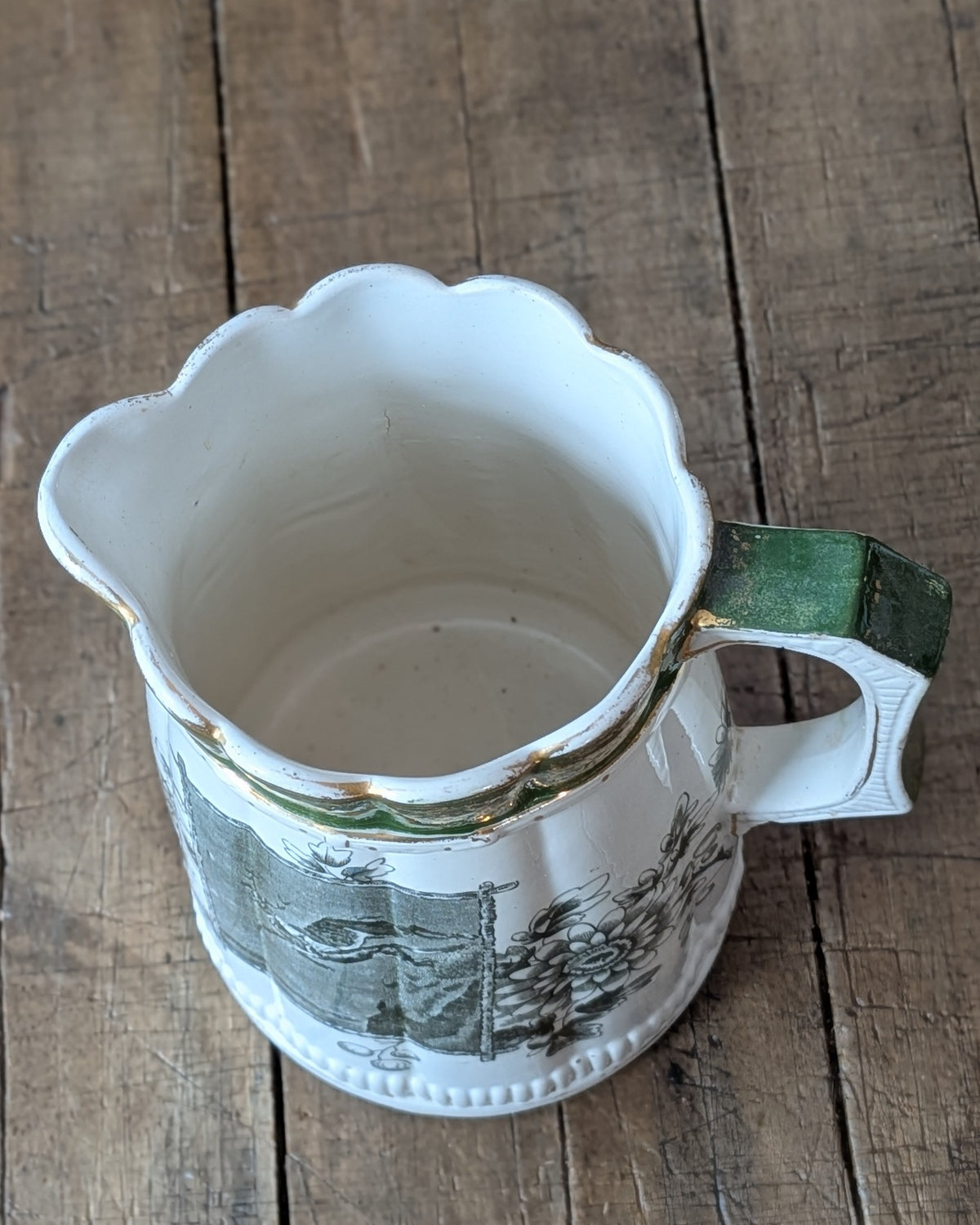 Rare Set of 3 Green Transferware with Gilding Pitchers