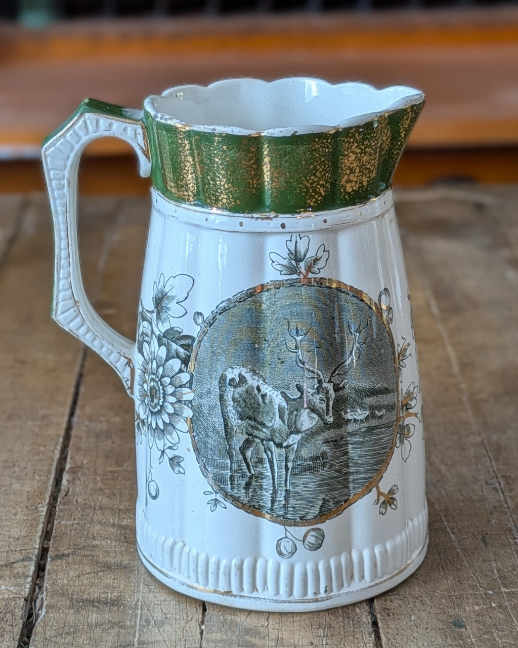 Rare Set of 3 Green Transferware with Gilding Pitchers