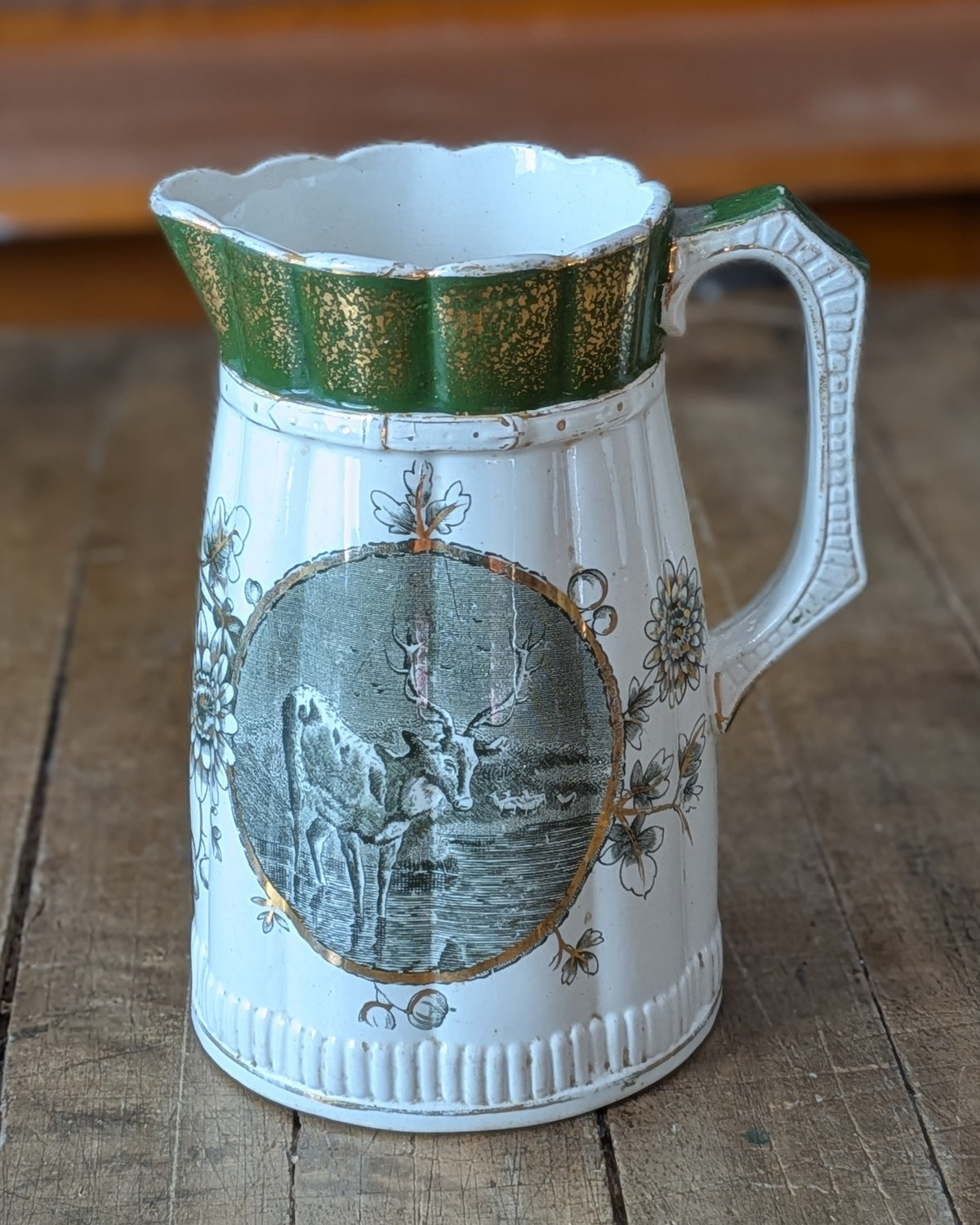 Rare Set of 3 Green Transferware with Gilding Pitchers