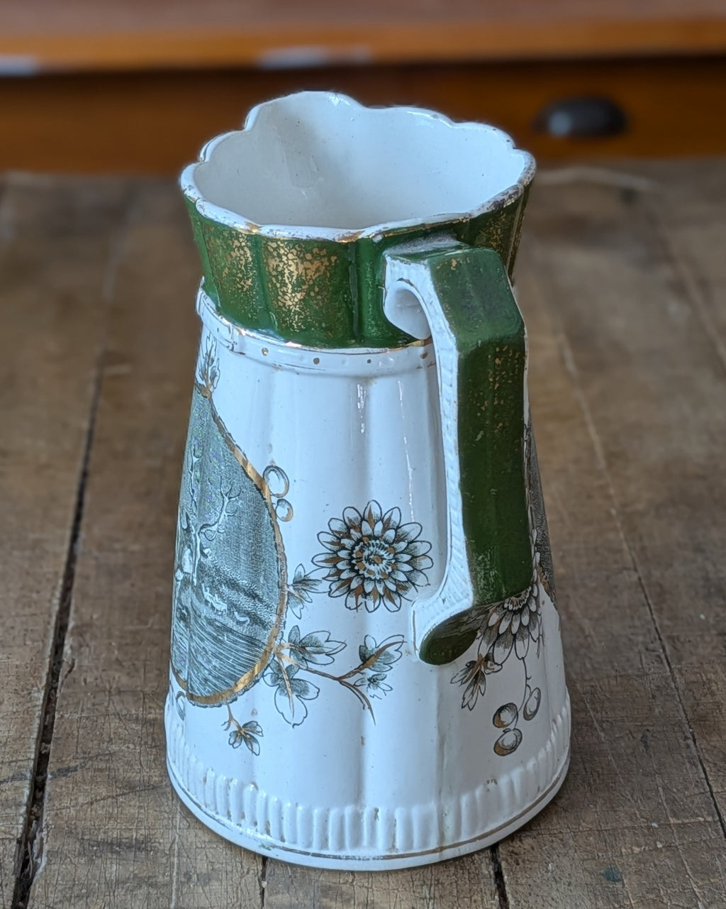Rare Set of 3 Green Transferware with Gilding Pitchers