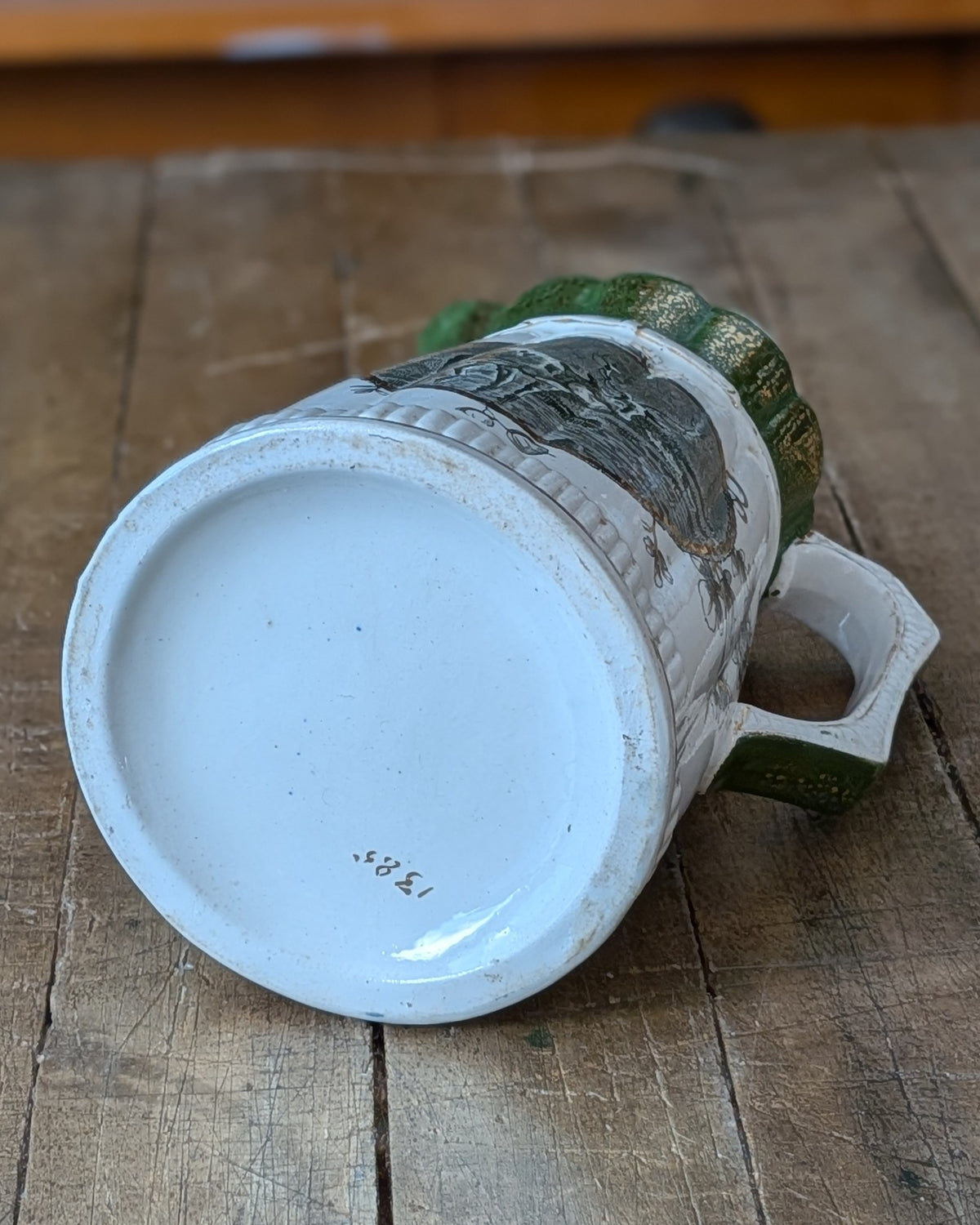 Rare Set of 3 Green Transferware with Gilding Pitchers