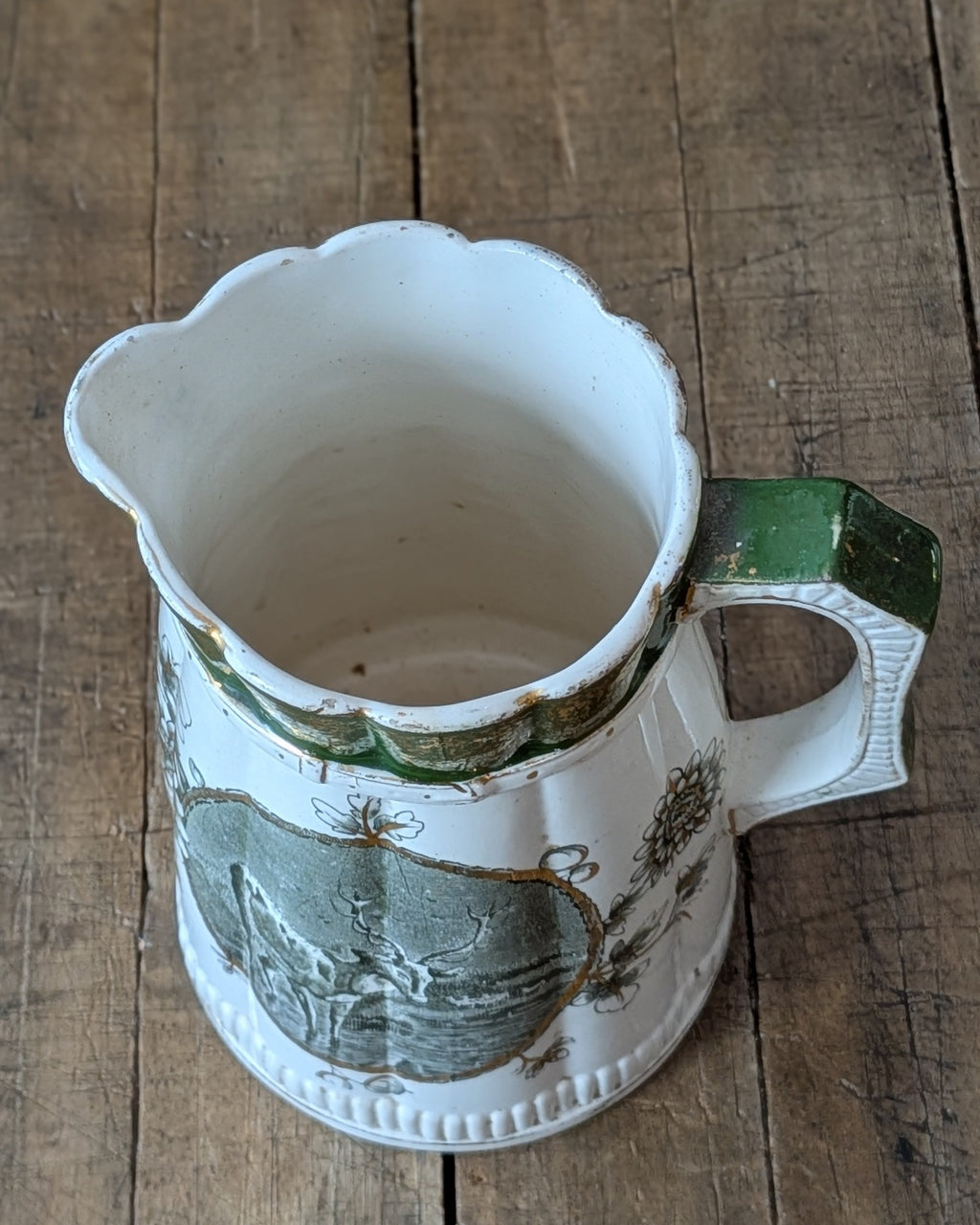 Rare Set of 3 Green Transferware with Gilding Pitchers