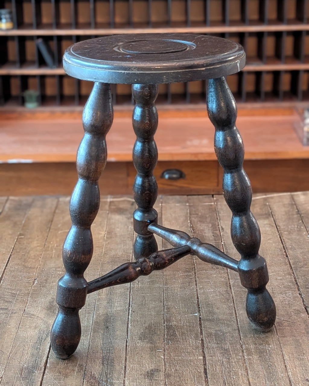 Antique Bobbin-Style Three-Legged Stool with T Stretcher