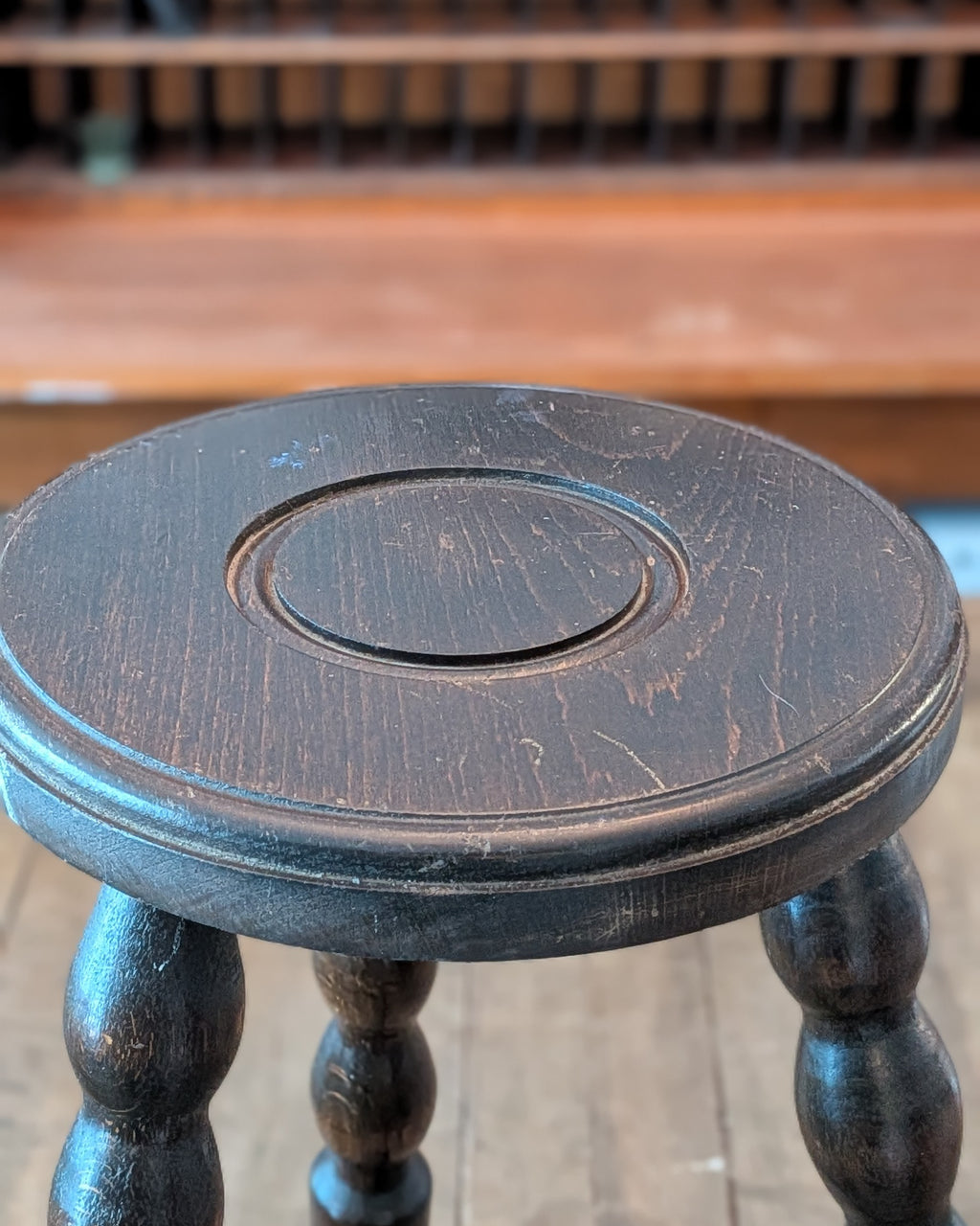 Antique Bobbin-Style Three-Legged Stool with T Stretcher