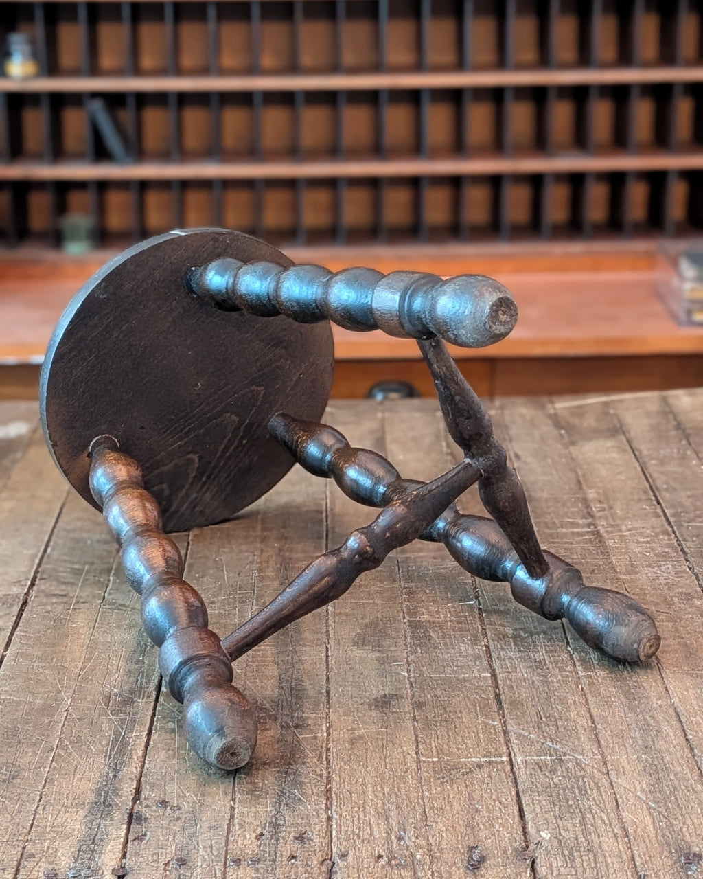 Antique Bobbin-Style Three-Legged Stool with T Stretcher