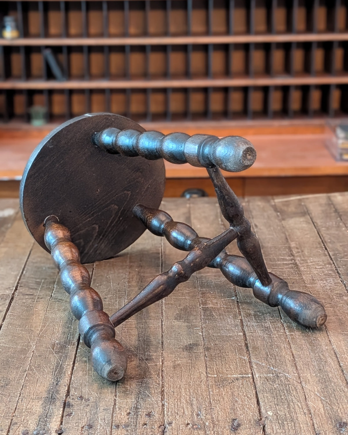 Antique Bobbin-Style Three-Legged Stool with T Stretcher
