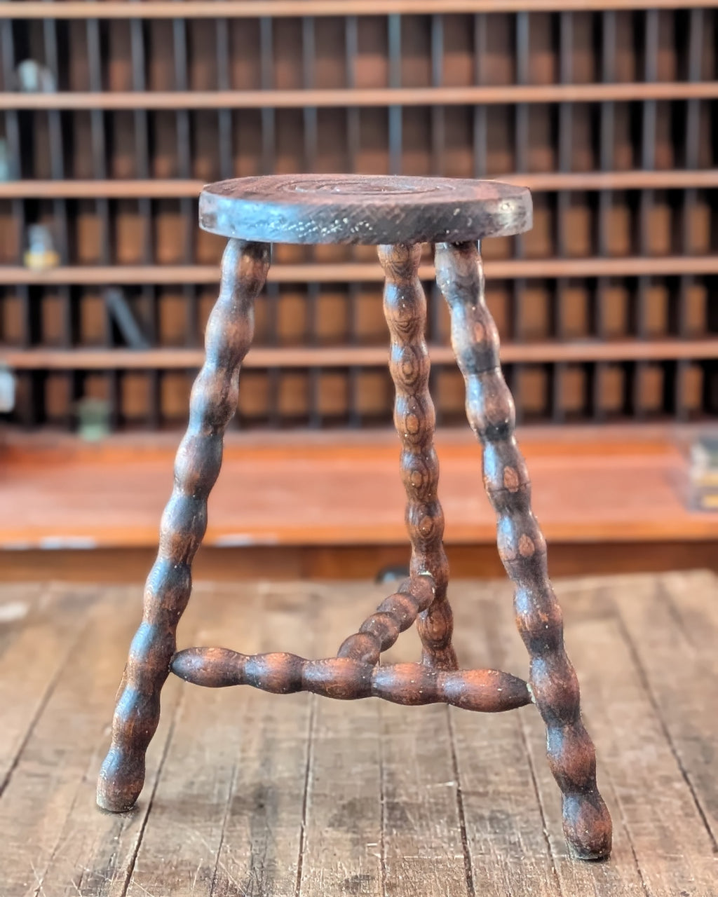 Antique Bobbin-Style Three-Legged Stool with T Stretcher