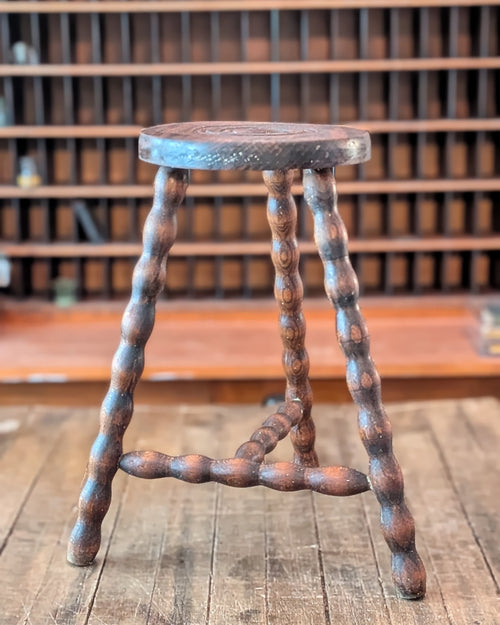 Antique Bobbin-Style Three-Legged Stool with T Stretcher