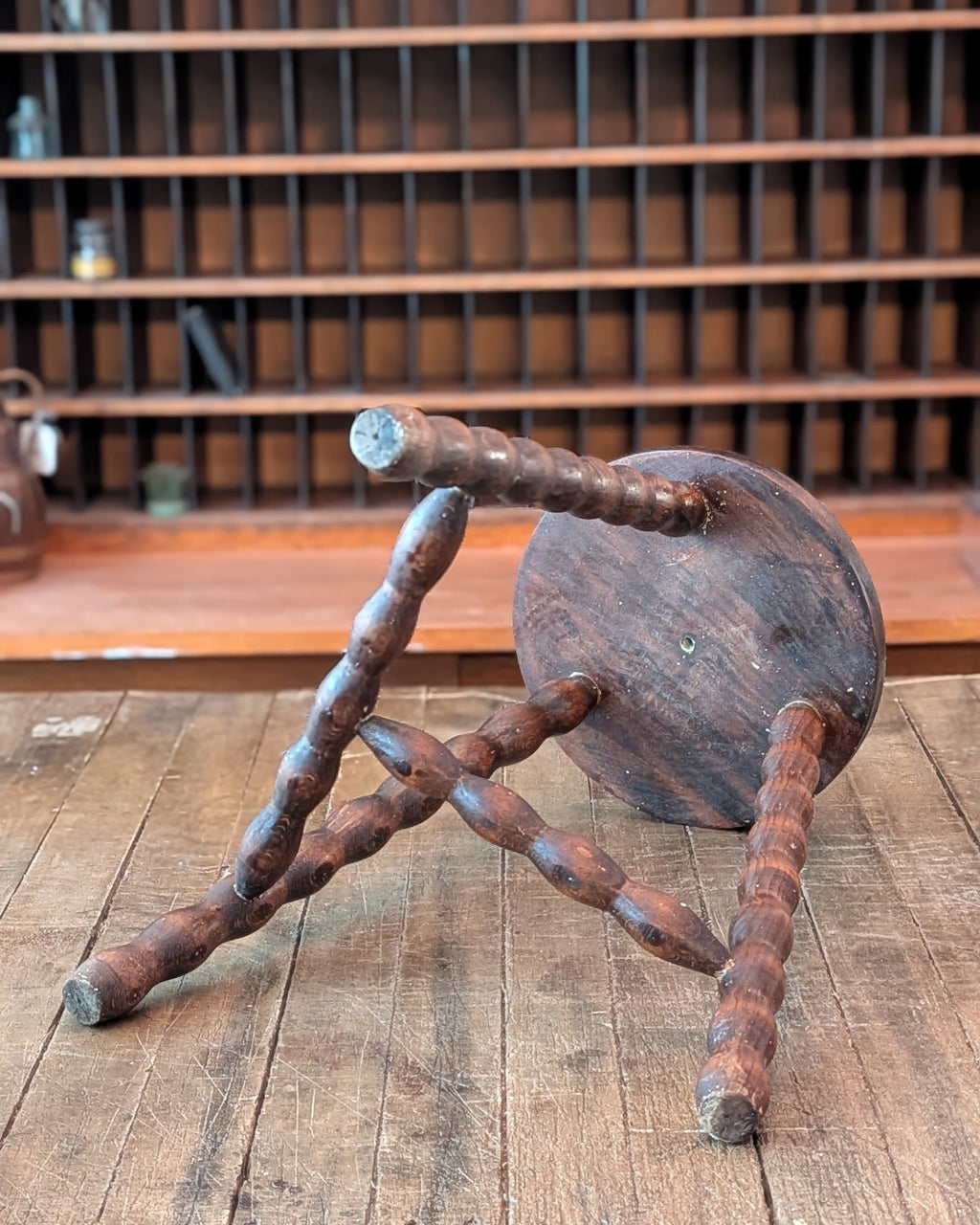 Antique Bobbin-Style Three-Legged Stool with T Stretcher