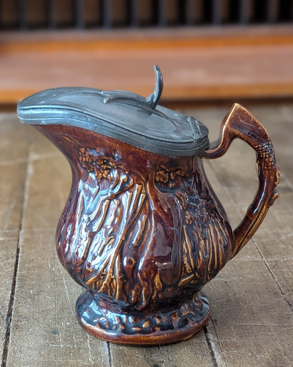 19th-Century "Treacle" or Rockingham-Glazed Hunt Scene Pitcher with Pewter Hinged Lid