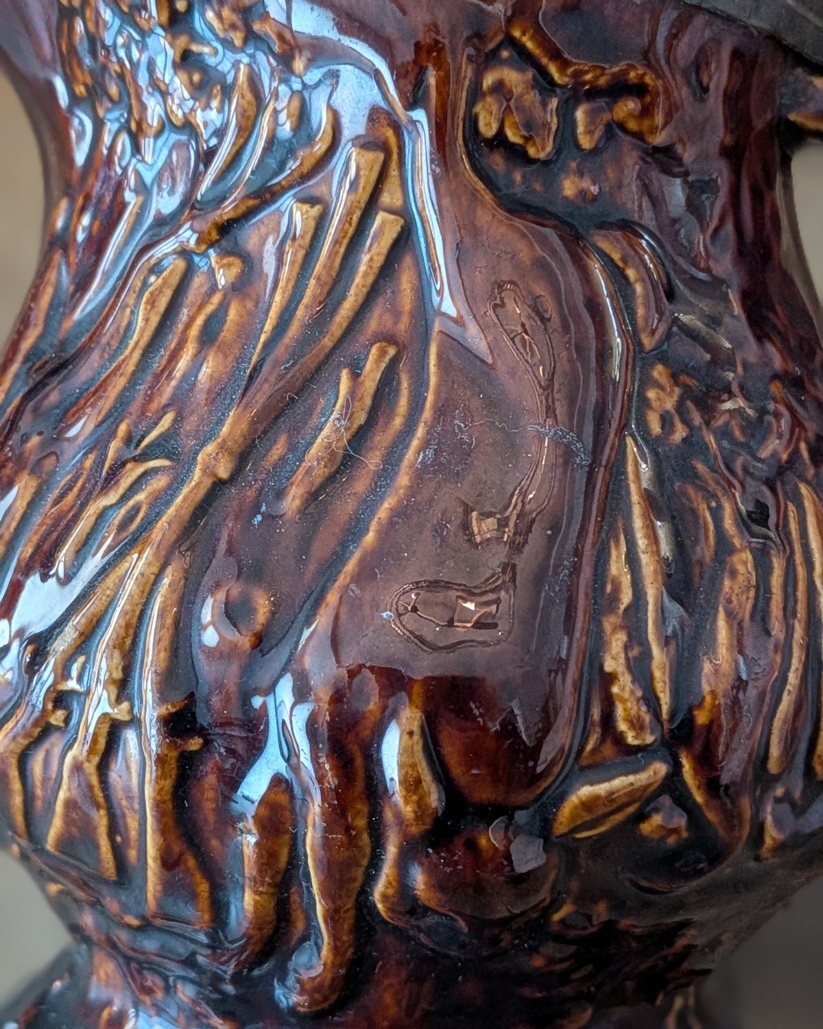 19th-Century "Treacle" or Rockingham-Glazed Hunt Scene Pitcher with Pewter Hinged Lid