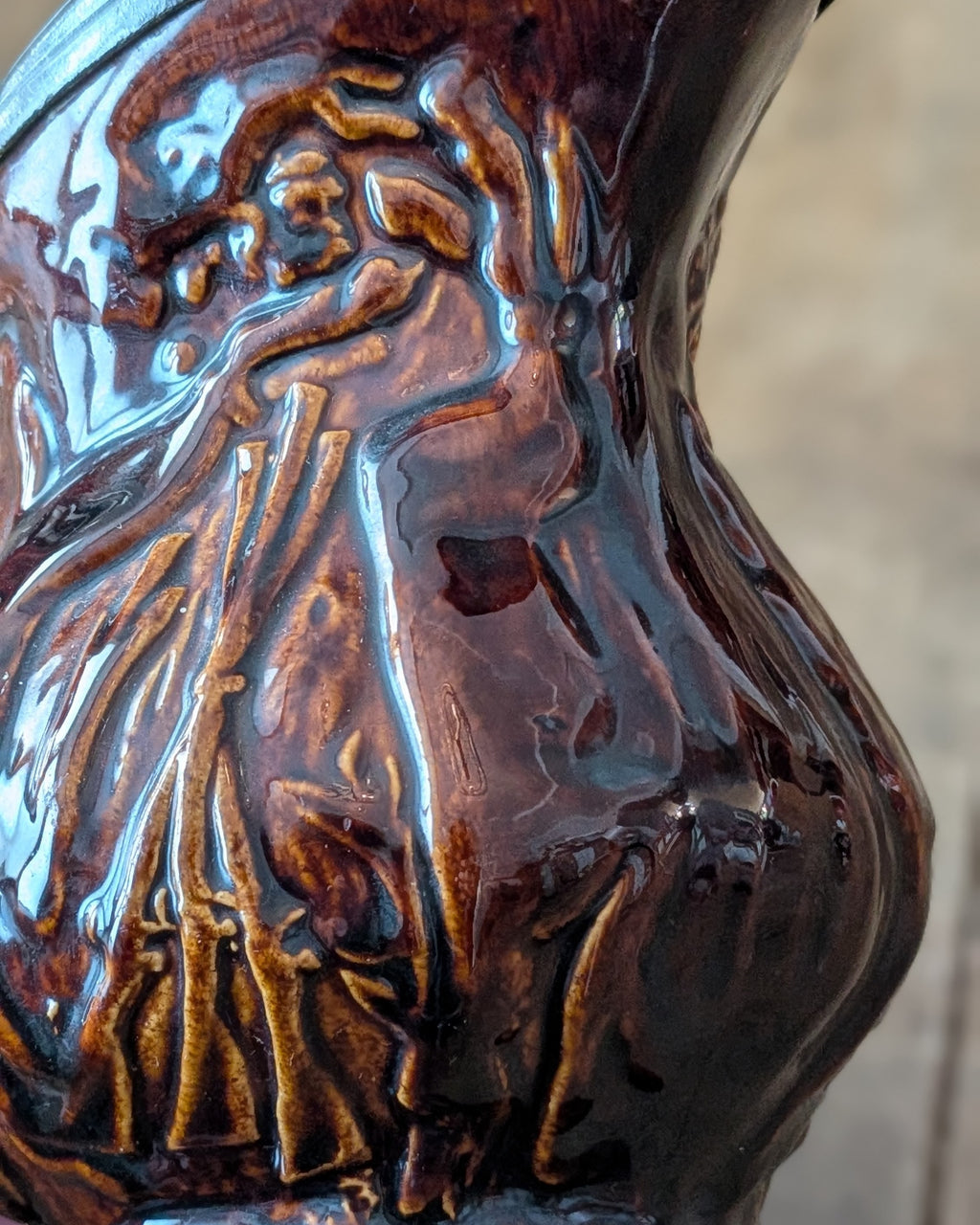 19th-Century "Treacle" or Rockingham-Glazed Hunt Scene Pitcher with Pewter Hinged Lid