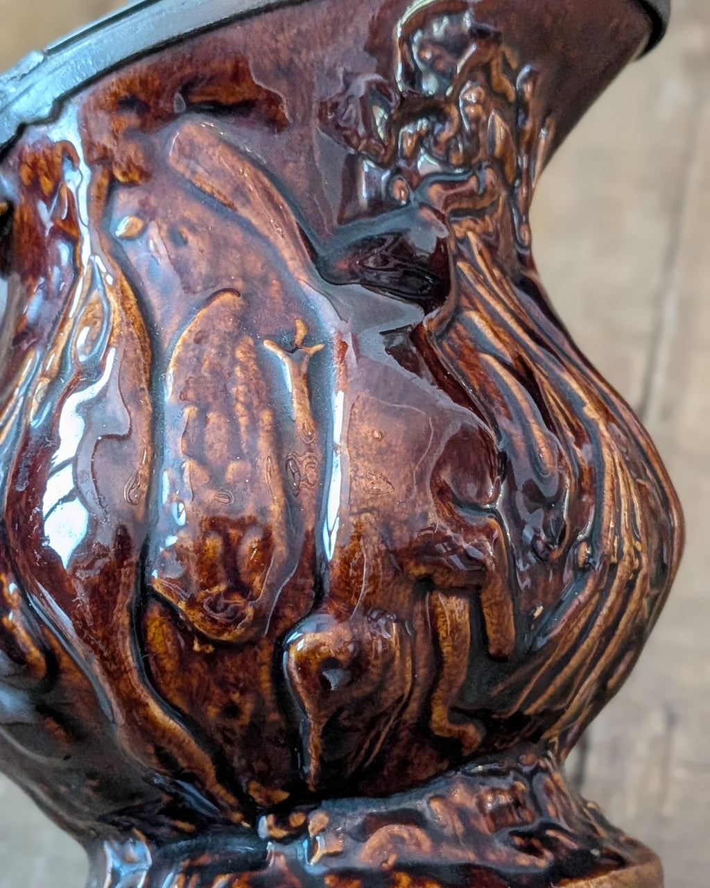 19th-Century "Treacle" or Rockingham-Glazed Hunt Scene Pitcher with Pewter Hinged Lid