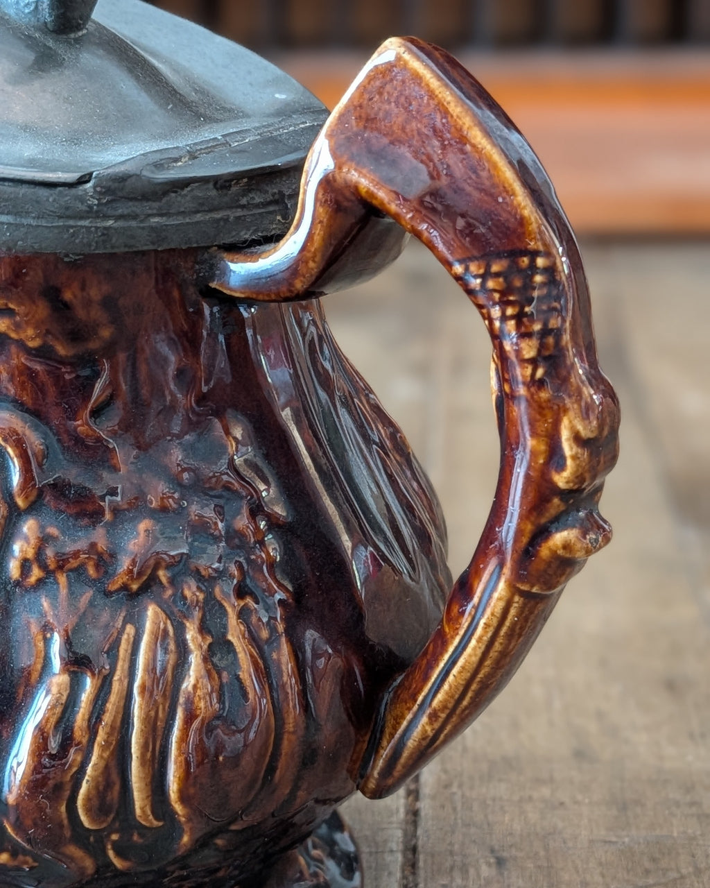 19th-Century "Treacle" or Rockingham-Glazed Hunt Scene Pitcher with Pewter Hinged Lid
