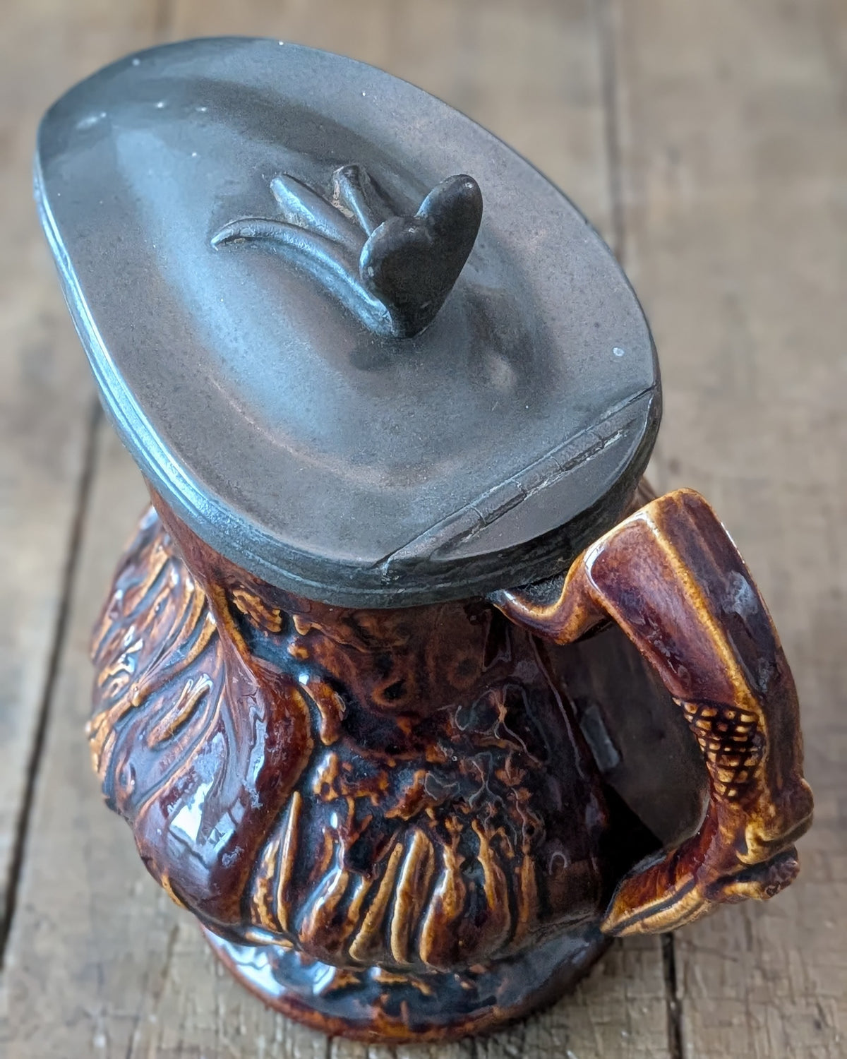 19th-Century "Treacle" or Rockingham-Glazed Hunt Scene Pitcher with Pewter Hinged Lid
