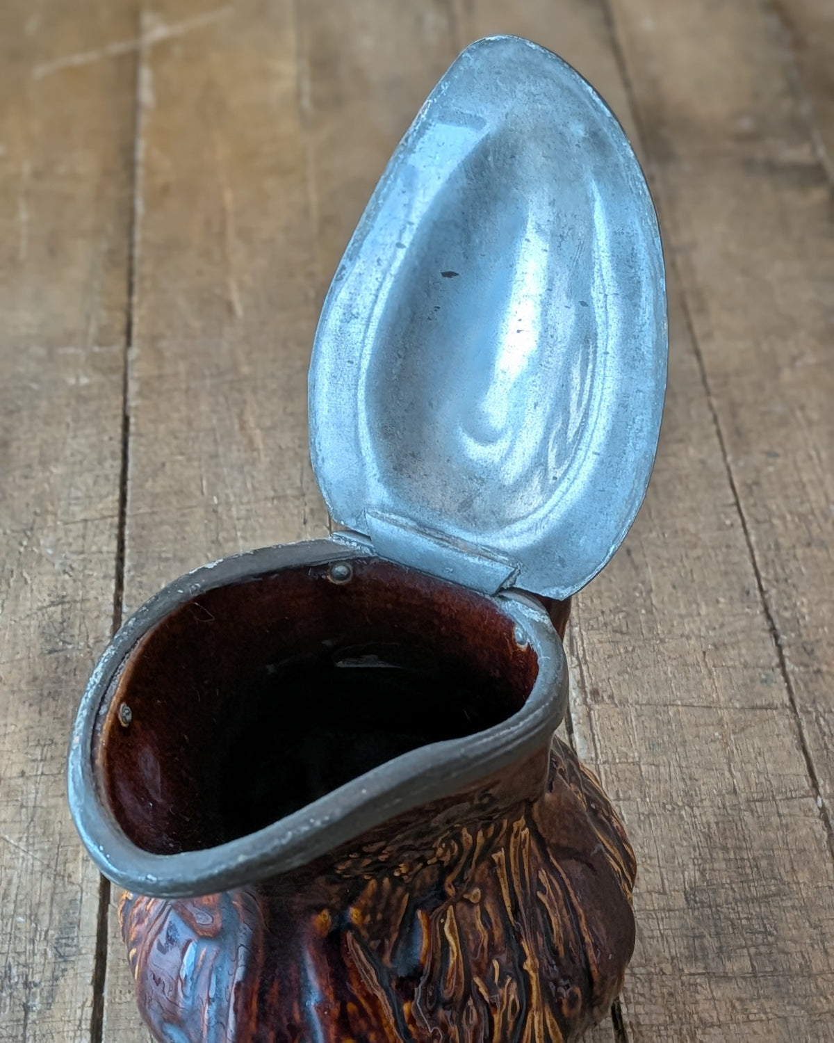 19th-Century "Treacle" or Rockingham-Glazed Hunt Scene Pitcher with Pewter Hinged Lid
